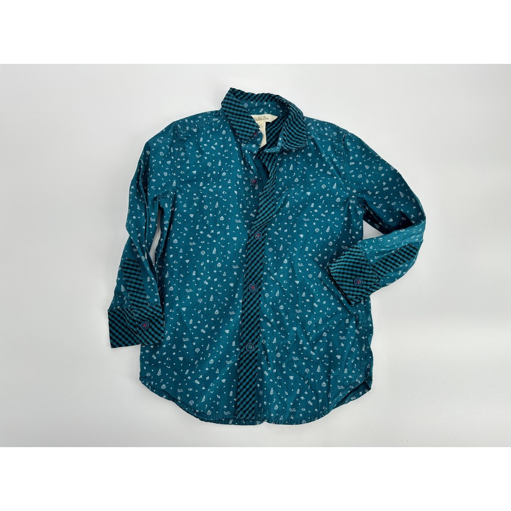 Matilda Jane Kids Teal Christmas Jack Frost Print L/S Button‎ Up Shirt Size 4